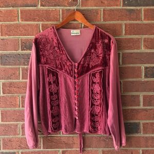 Vintage V-Neck Embroidered Velvet Top